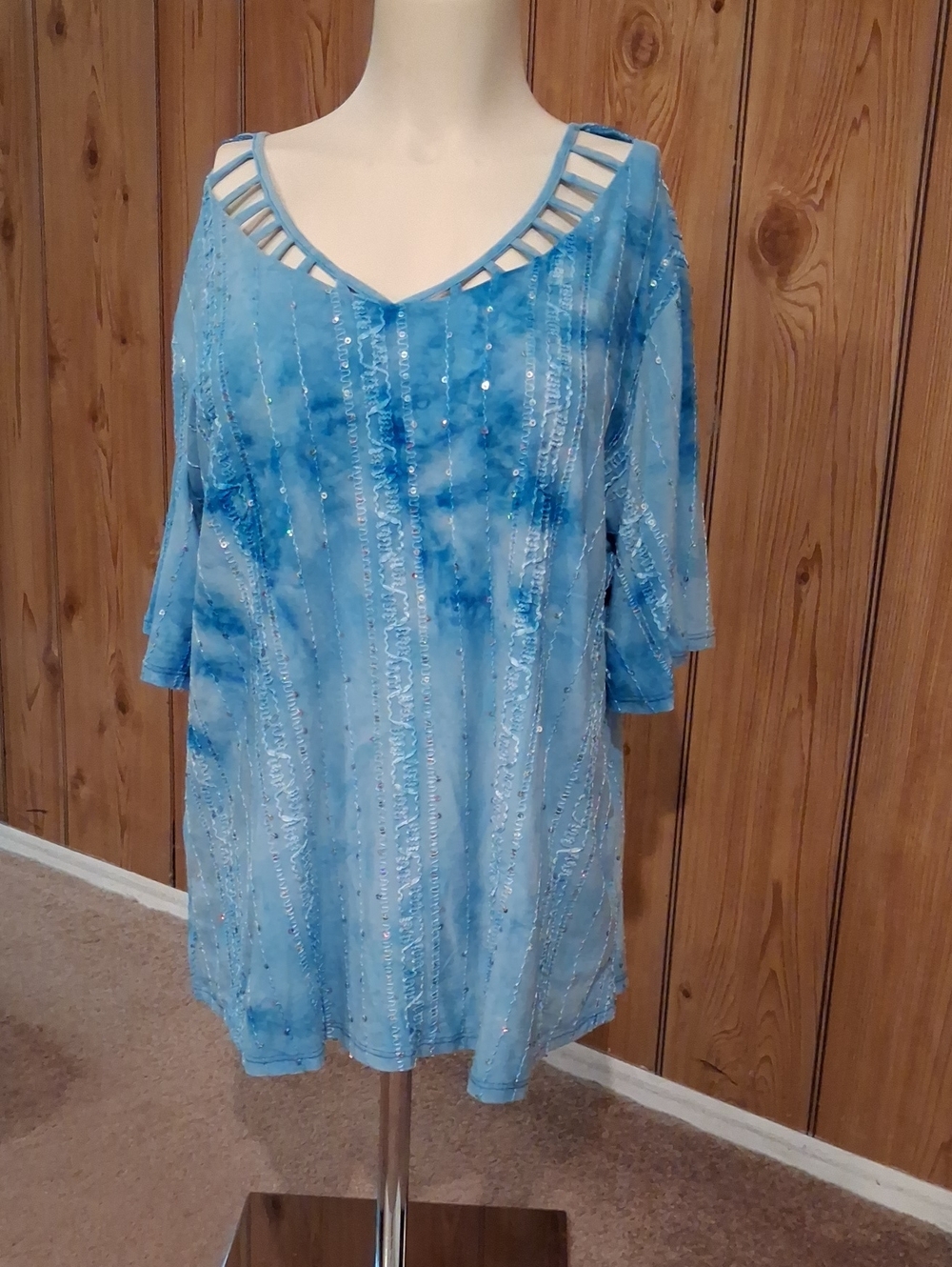 Sami & Jo Light Blue Sequin-Trim Cutout Neck Tunic
